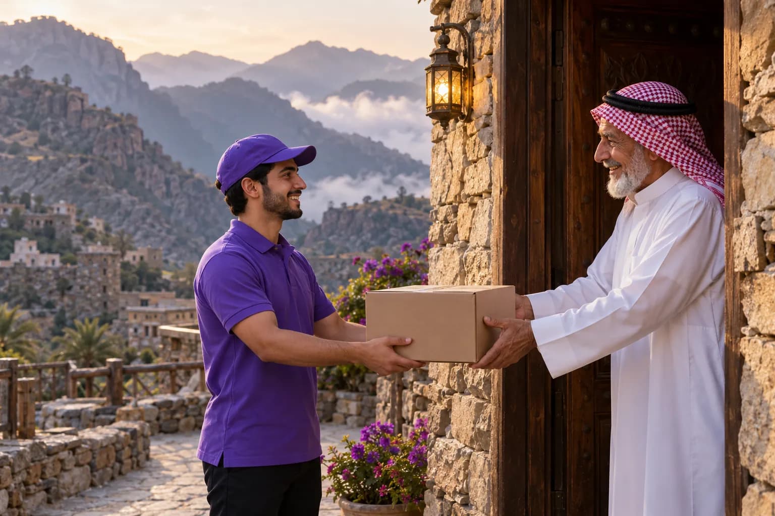 مندوب بريد إكس يسلّم طرداً عند بيتٍ حجري في قريةٍ من قرى الباحة