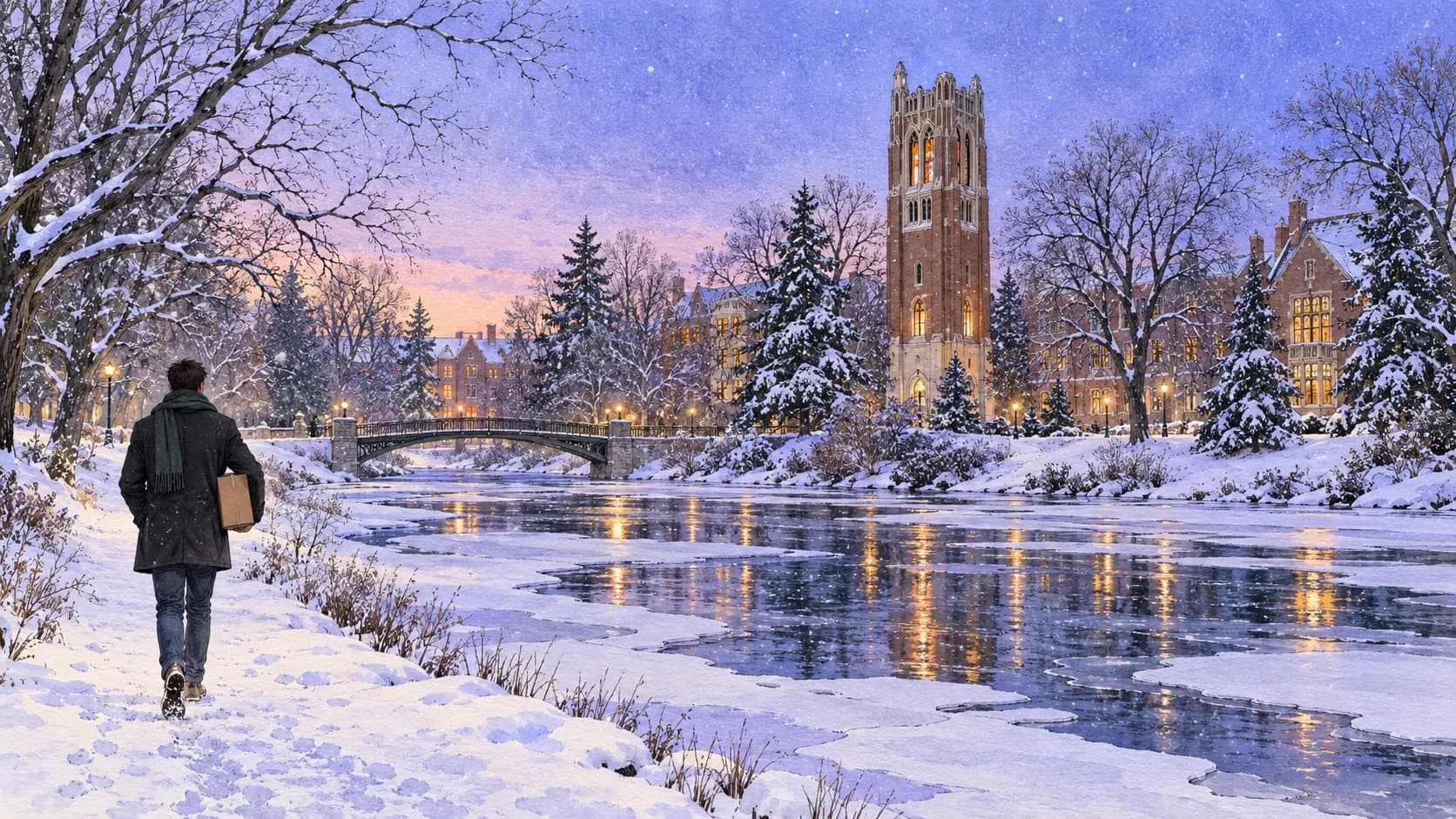 رسمٌ لجامعة ولاية ميشيغان في الشتاء — برج بومونت ونهر ريد سيدر — وطالبٌ يحمل طرداً على الطريق المثلج